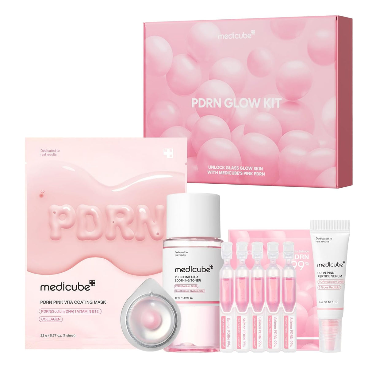 medicube Salmon DNA PDRN Trial Kit | Glass Glow Mini Skincare Set with Toner, Serum & Sheet Mask for Hydrating, Firming, Moisturizing |Gift & Travel Essentials for Women & Girls | Korean Skincare
