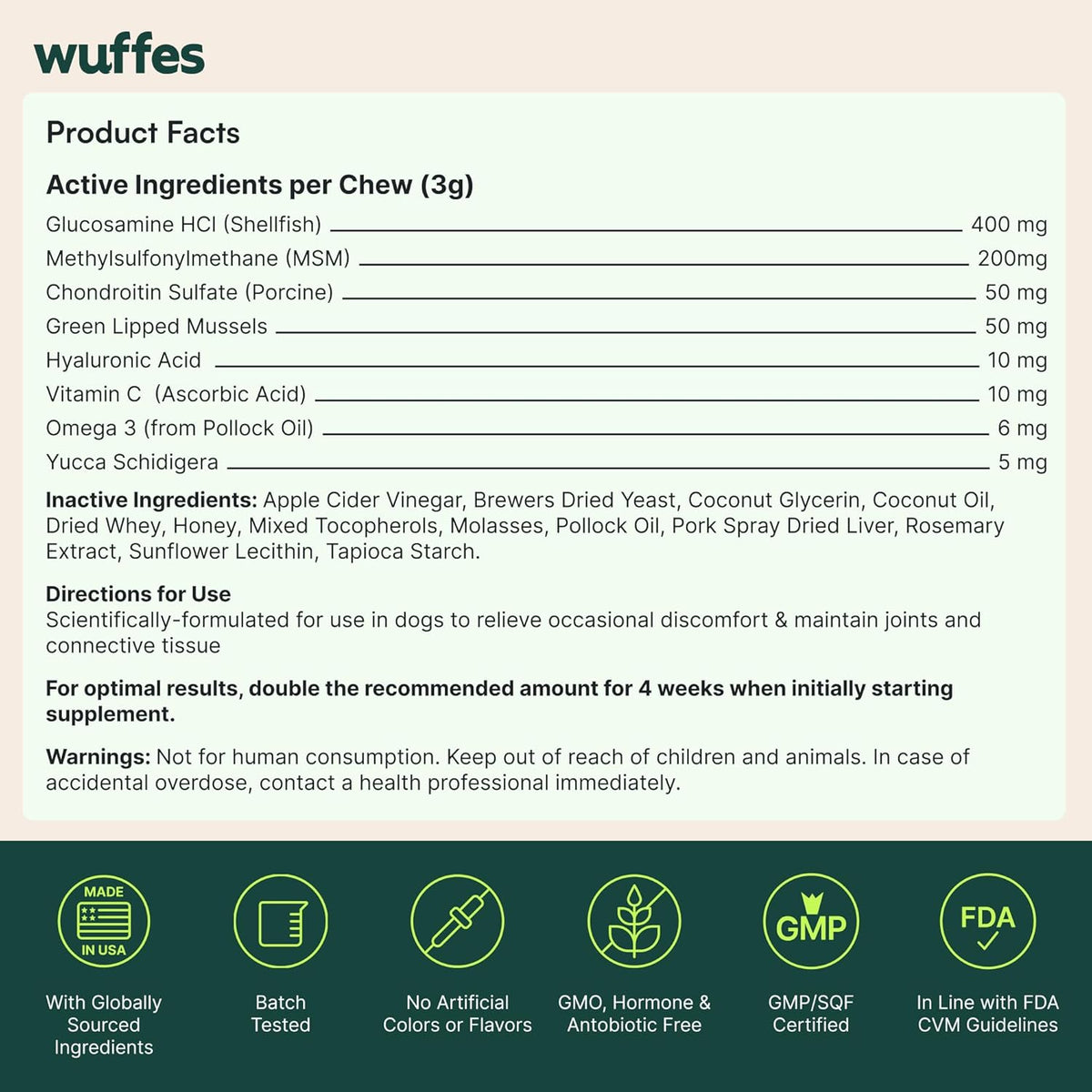 Wuffes Advanced Dog Hip and Joint Supplement with Glucosamine, Chondroitin, Omega 3, MSM, and Green Lipped Mussel, 60 Pork Flavored Chews for Small and Medium Dog Breeds