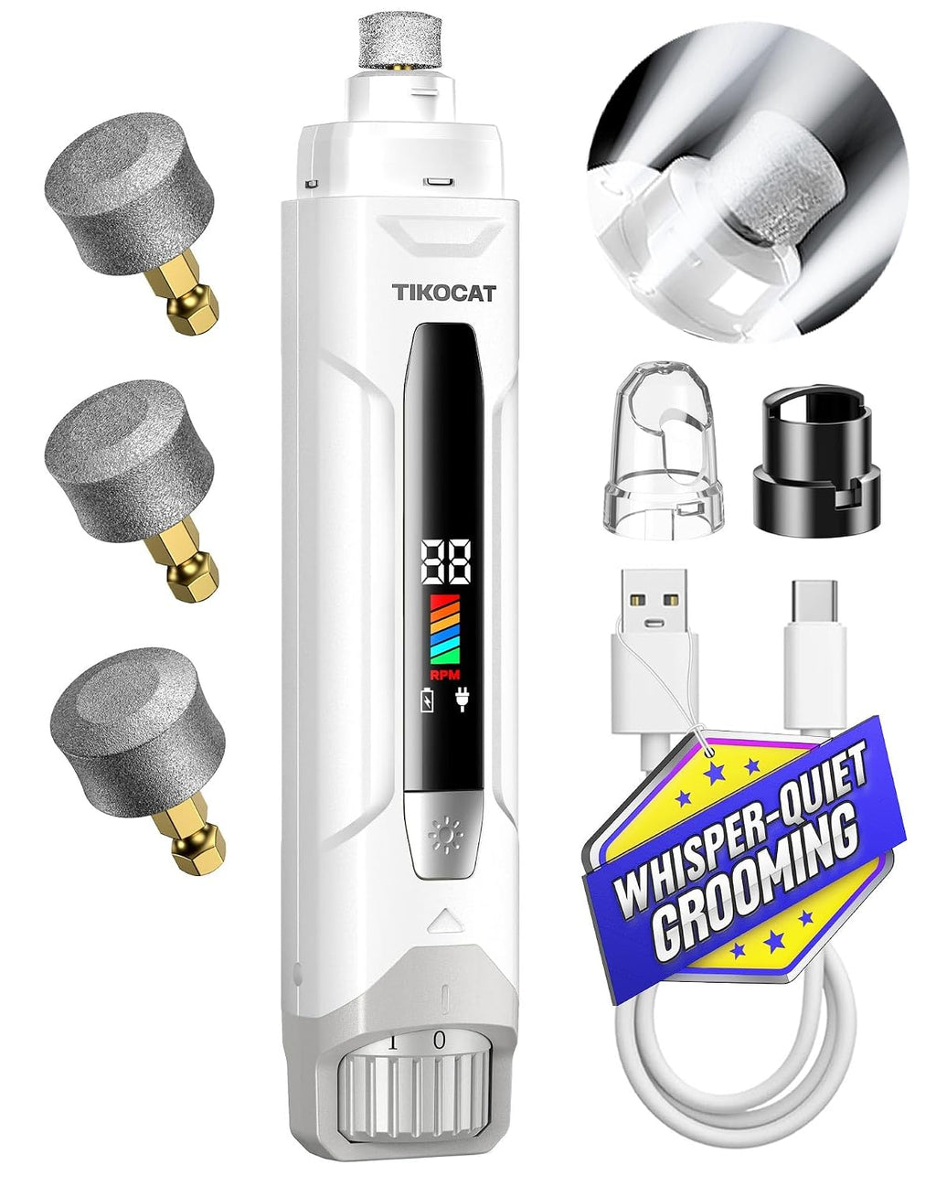 Whisper-Quiet Dog Nail Grinder 50%More Power for Sensitive Dogs,Cat | 6-Speed Pet Nail Trimmer with LED Display & 4 LED Lights, 3 Grinding Bits, No Over-Cutting,Stress-Free Grooming for All Pets