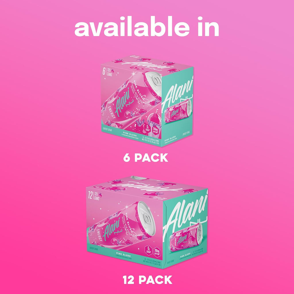 Alani Nu PINK SLUSH, Sugar Free, Low Calorie Energy Drinks, 200mg Caffeine, Biotin, B Vitamins, Zero Sugar, 10 Calories, 12 Fl Oz Cans, 12 Pack