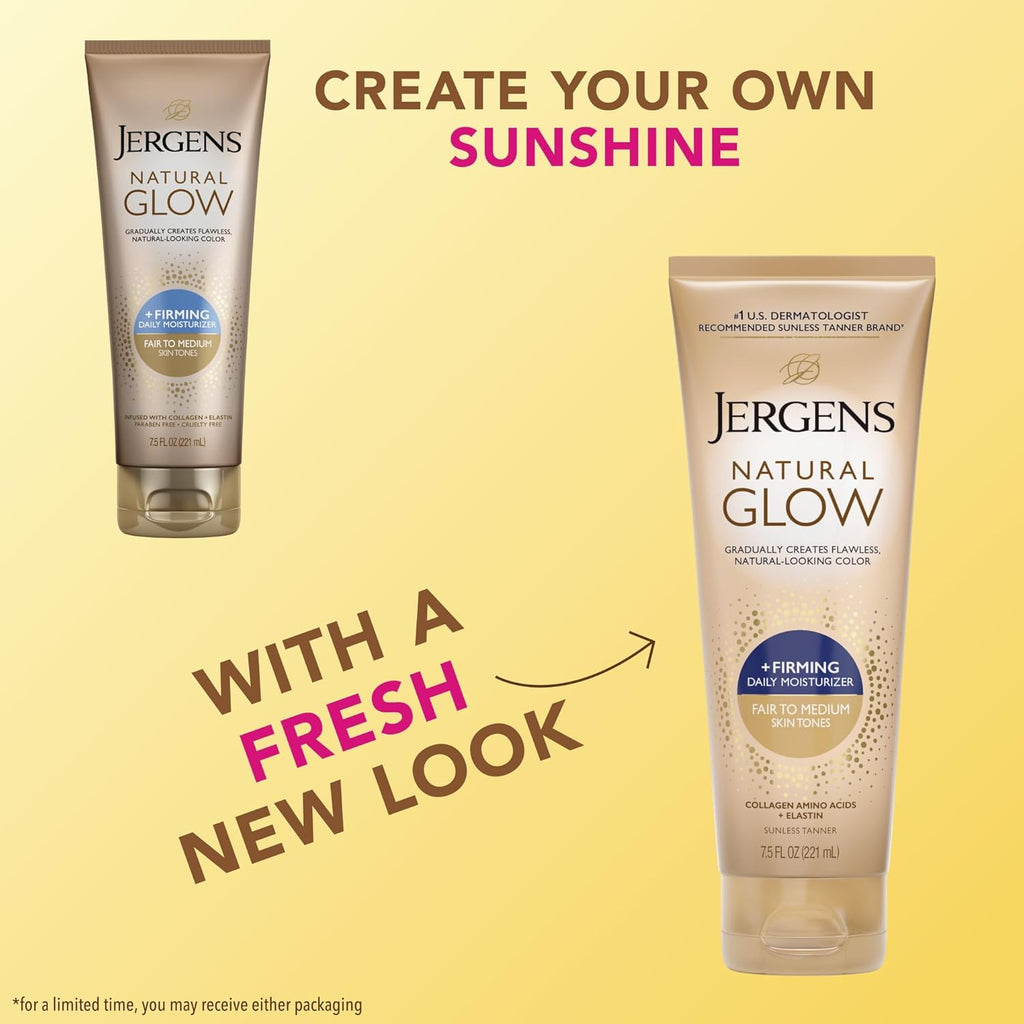 Jergens Natural Glow +Firming Self Tanner Body Lotion, Fair to Medium Skin Tone, Sunless Tanning Moisturizer with Collagen and Elastin. Helps to Visibly Reduce Cellulite, 7.5 Fl Oz