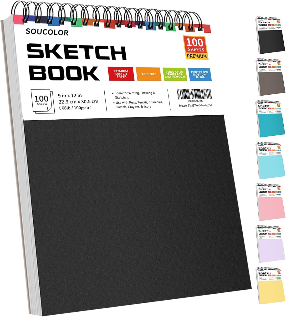 Soucolor 9" x 12" Sketch Book, 100 Sheets Top Spiral Bound Sketchbook with Acid-Free 68lb/100gsm Thick Drawing Paper, Art Sketch Pad for Kids, Adults & Artist, Professional Art Supplies for Beginners