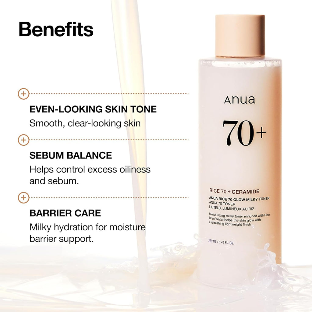 Anua Rice 70 Glow Milky Toner, Glass & Dewy Skin, Hydrating & Barrier Care, Rice Water, Niacinamide, Ceramides, All Skin Types, Fragrance-Free, Non Comedogenic, Korean Skincare, 8.45 fl.oz.