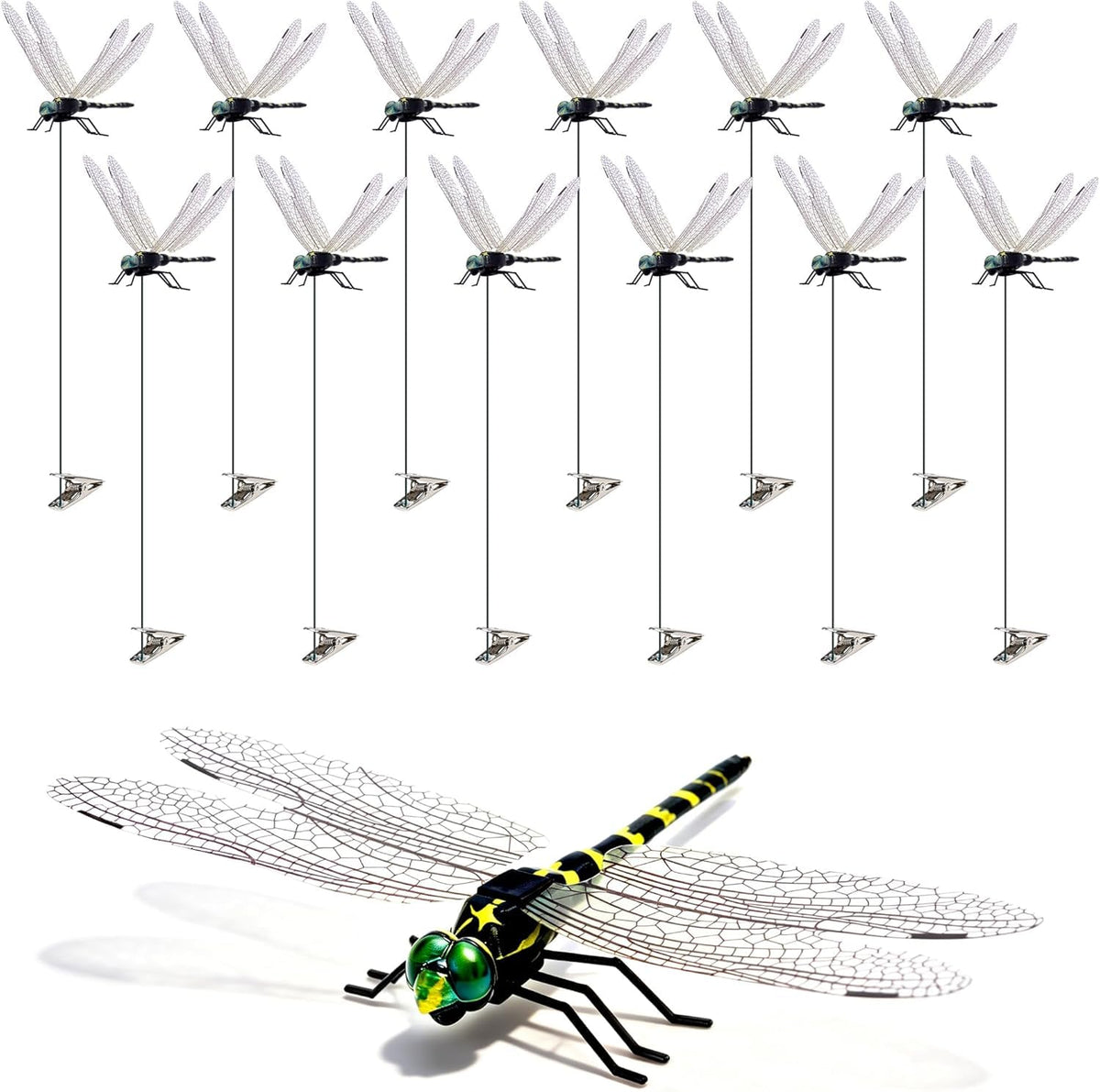 12 Pack 3D Dragonfly Clips, Fake Dragonflies with Stakes, Realistic Plastic Dragonfly Garden Decorations, Fly Deterrent Clips for Hats, Pets, Horses, Deer, Yard, Patio, Indoor & Outdoor Decor