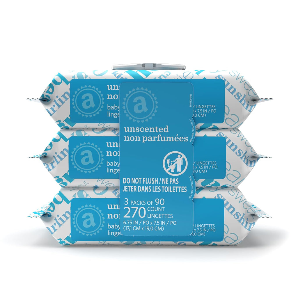 Amazon Elements Baby Wipes, Unscented, Hypoallergenic, Alcohol-Free, With Aloe and Vitamin E, 270 Count, Flip-Top Packs