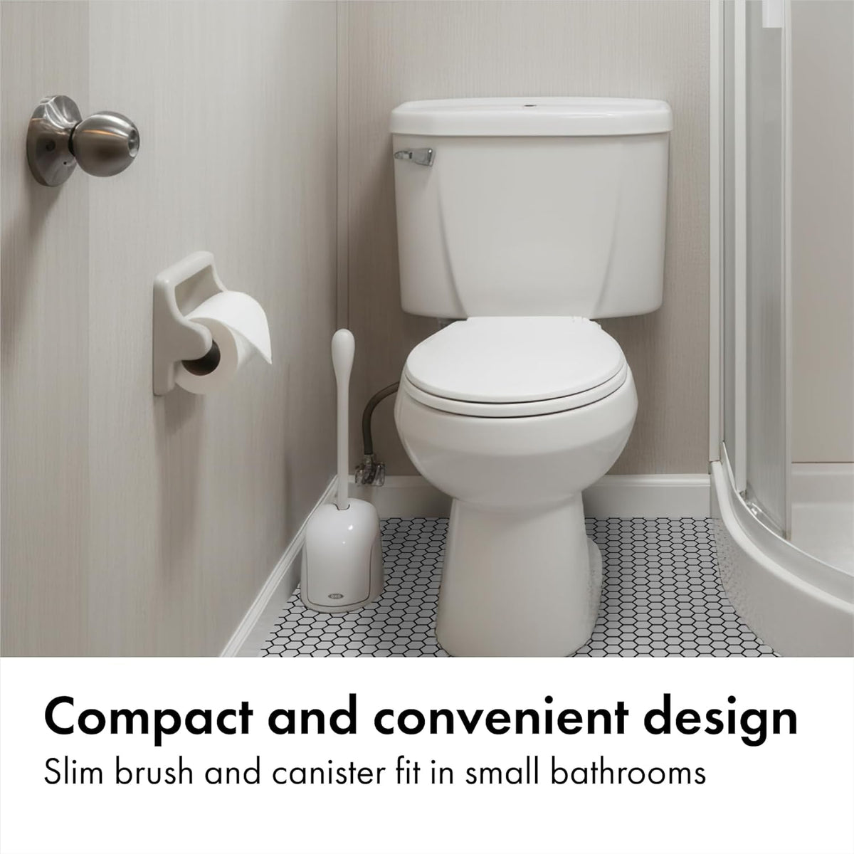 OXO Good Grips Compact Toilet Brush & Canister, Toilet Bowl Brush and Holder with Automatic Canister Door, Bathroom and Small Spaces Cleaning Supplies Essential