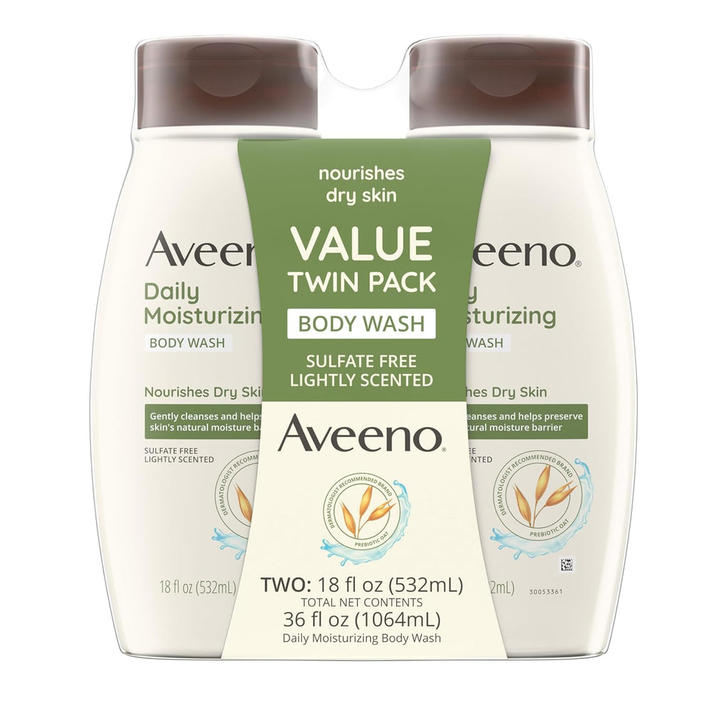 Aveeno Daily Moisturizing Body Wash Cleanser & Shaving Gel for Men & Women, Clean-Rinsing for Softer & Smoother Skin, Gentle & Lightly Scented, 18 fl.‰ÛøOz, Pack of 2
