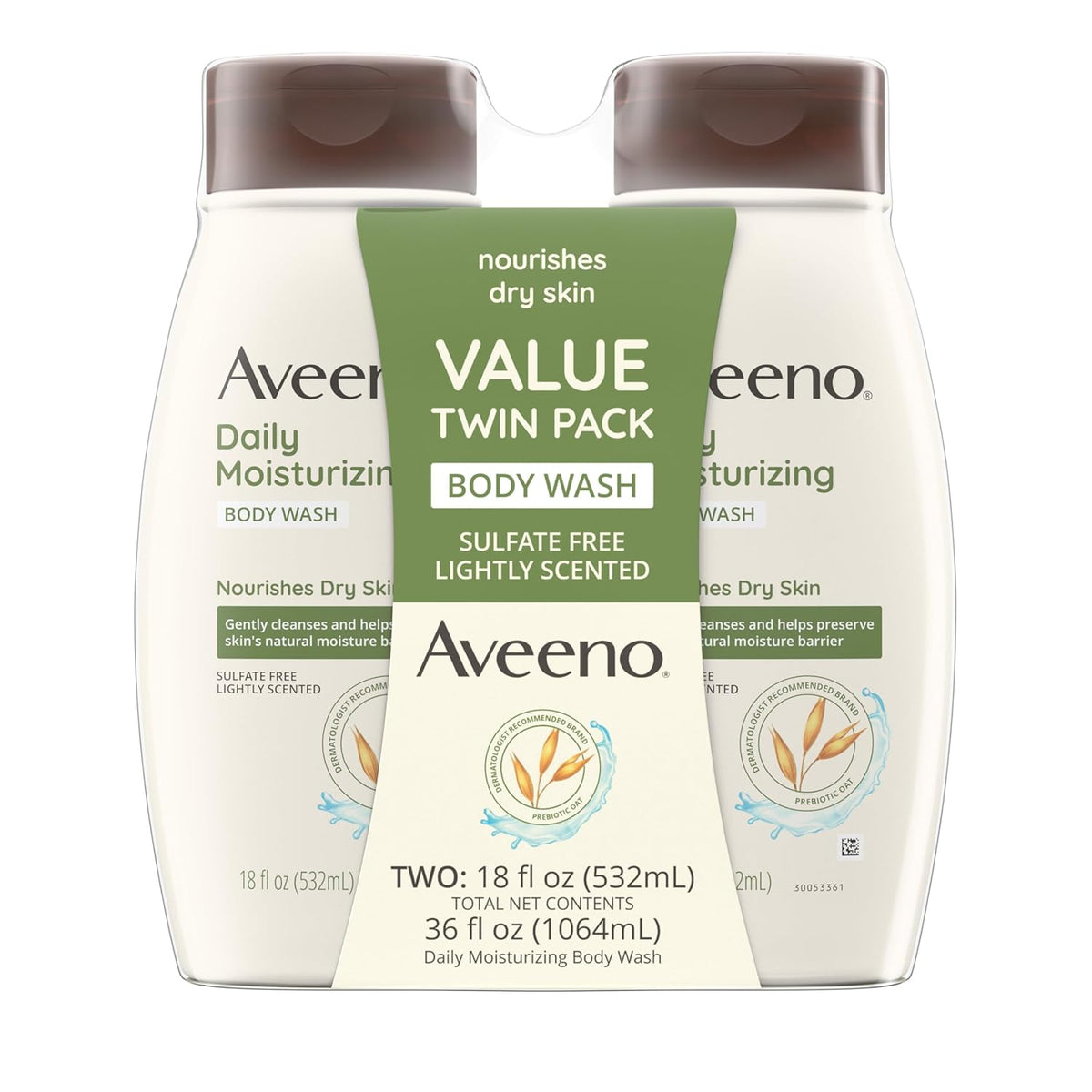 Aveeno Daily Moisturizing Body Wash Cleanser & Shaving Gel for Men & Women, Clean-Rinsing for Softer & Smoother Skin, Gentle & Lightly Scented, 18 fl.‰ÛøOz, Pack of 2