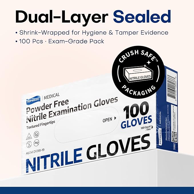 Supmedic Medical Soft Max‰ã¢ Black Nitrile Disposable Gloves, 100 Pcs, Latex-Free & Powder-Free Food Safe Food Prep Exam Gloves
