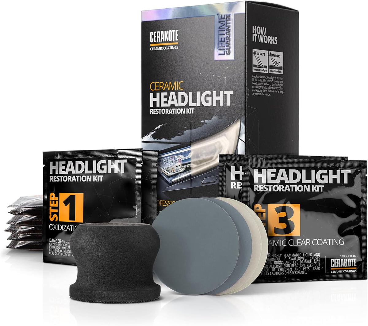CERAKOTEå¨ Ceramic Headlight Restoration Kit ‰ÛÒ Guaranteed To Last As Long As You Own Your Vehicle ‰ÛÒ Brings Headlights Back to Like New Condition - No Power Tools Required - 10 Wipe Kit