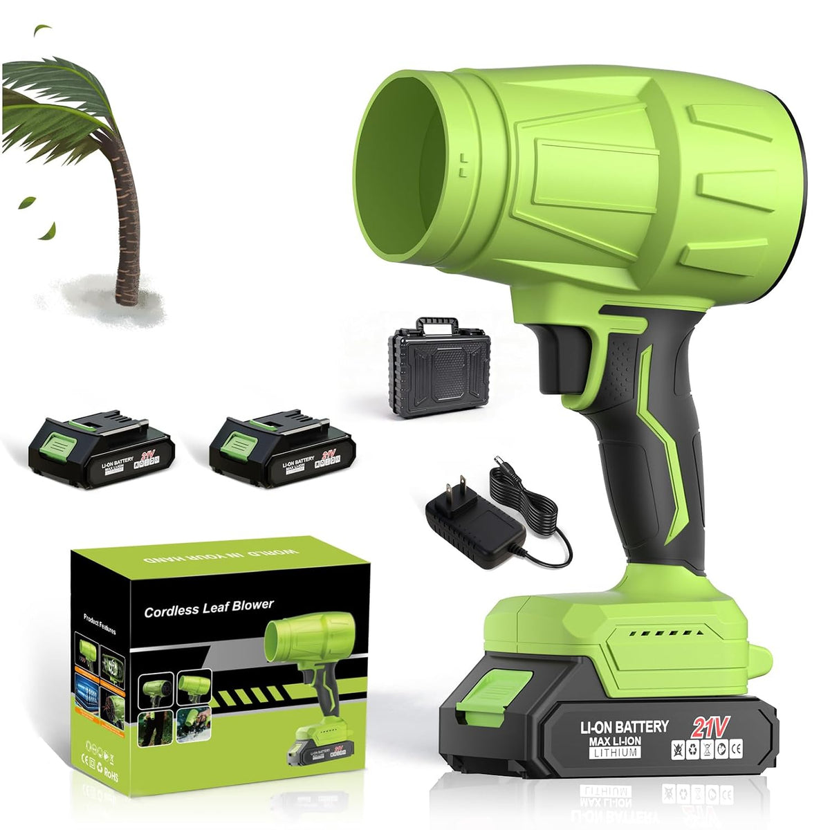 Leaf Blower 2x6.0Ah Battery & Charger,Electric Cordless Leaf Blower(Green) | 990000 RPM High-Speed hand held blower for Lawn Care, Garden,Blowing Snow,Patio, Leaves, Dust