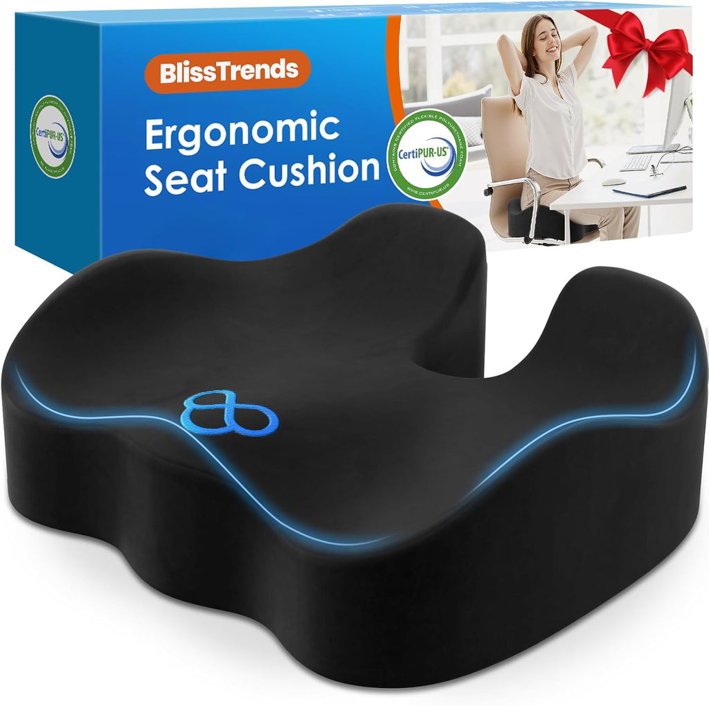BlissTrends Seat Cushion with Velvet Cover, Thick Memory Foam Cushions for Office Chair, Car Seat, Airplane, Relieving Pressure Tailbone Sciatica Back Pain for Long Sitting, Car Drivers 4.7in Black