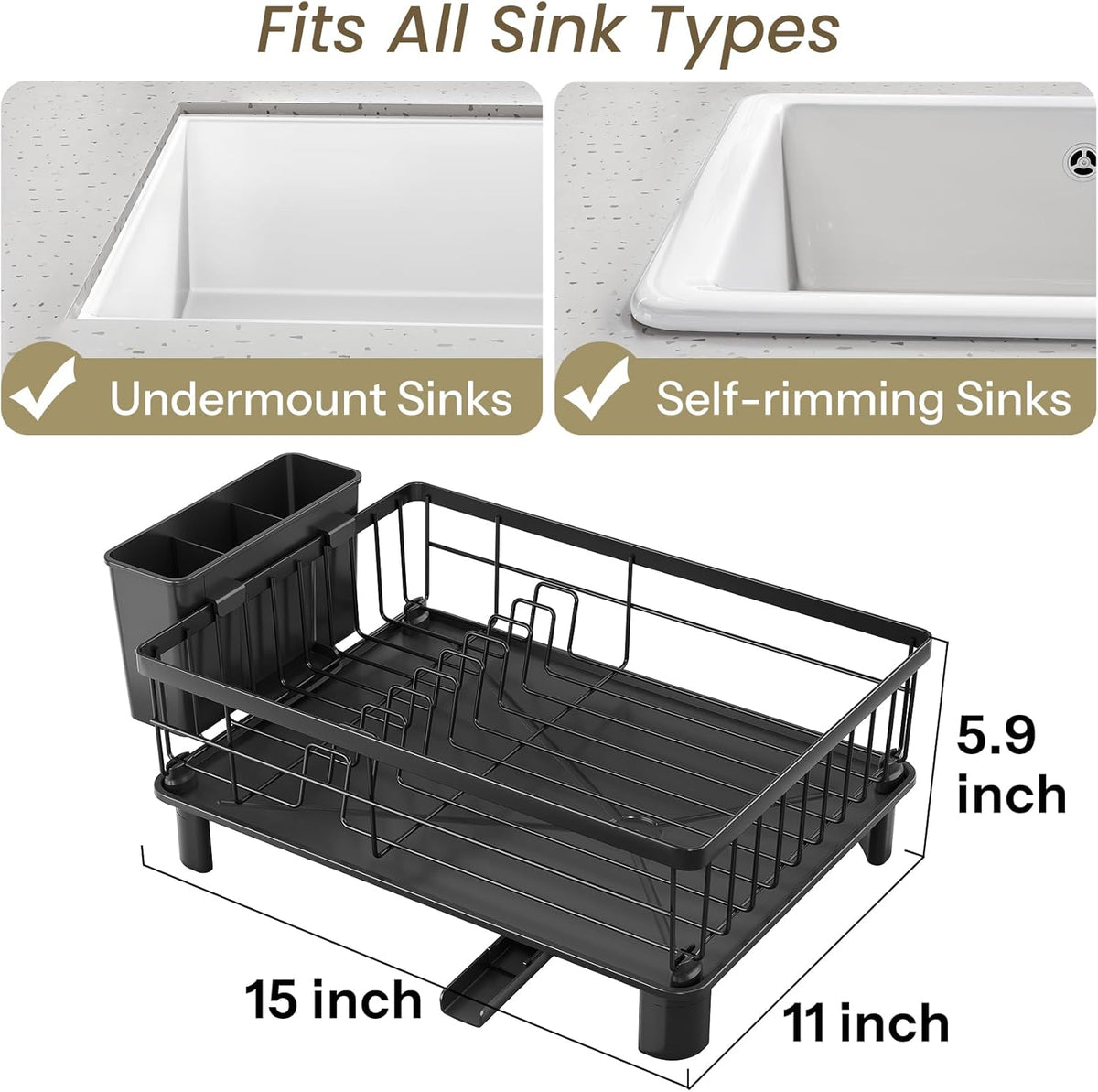 SNTD Dish Drying Rack - Space-Saving Dish Rack for Kitchen Counter, Stainless Steel Dish Drainer with Utensil Holder and Drainboard, 11" W x 15" L (Black)