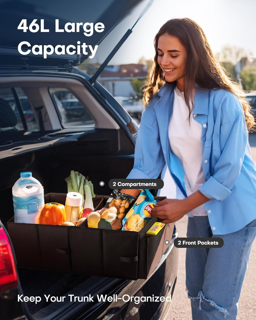 HOTOR Trunk Organizer - Car Organizer, Foldable Trunk organizer for SUVs & Sedans, Sturdy Car Organization for Car Accessories, Tools, Sundries, Black, 2 Compartments, 21.3"ÌÑ12.6"ÌÑ10.6"
