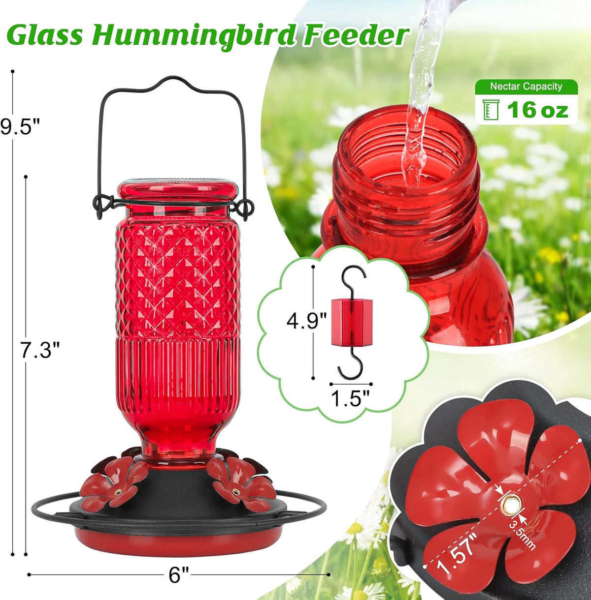 FEED GARDEN Glass Hummingbird Feeder, 16oz Outdoor Hanging Bird Feeder with Ant Moat, 4 Bee-Proof Feeding Ports, 360å¡ Perch, Leak-Proof, Red
