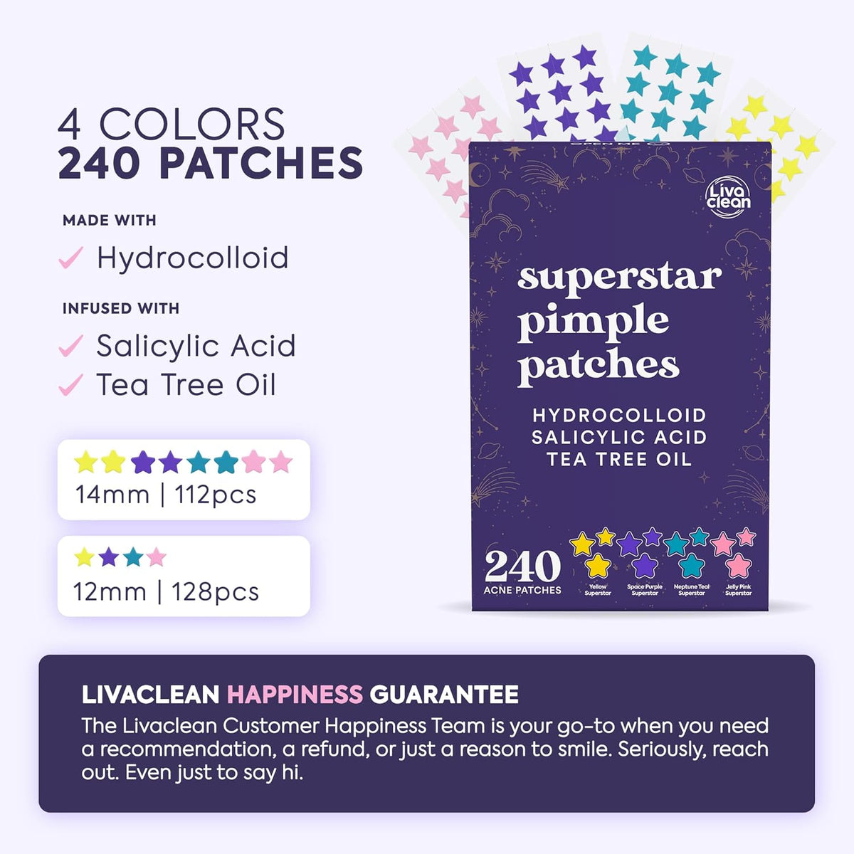 Livaclean Star Pimple Patches for Face w/ Hydrocolloid, Tea Tree oil & Salicylic Acid - Zit Stickers, Hydrocolloid Acne Patches for Face - Cute Pimple Patch, Acne Stickers | w/Hydrocolloid, Salicylic Acid, Tea Tree, Healing Stickers, Zit Superstar