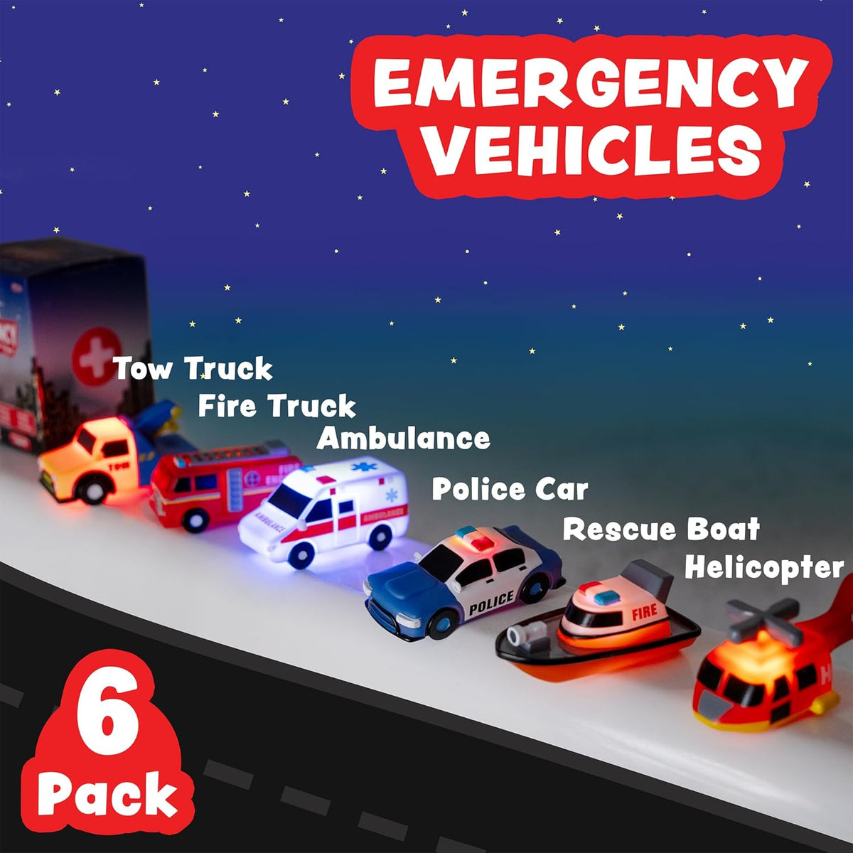 Tub Workså¨ Emergency‰ã¢ Cars Light Up Bath Toys, 6 Pack | Water-Activated Light Up Toys Flash & Change Color | Soft, Squeezable Baby & Toddler Bath Toys | Sensory Toys with Bath Lights for Kids Bath
