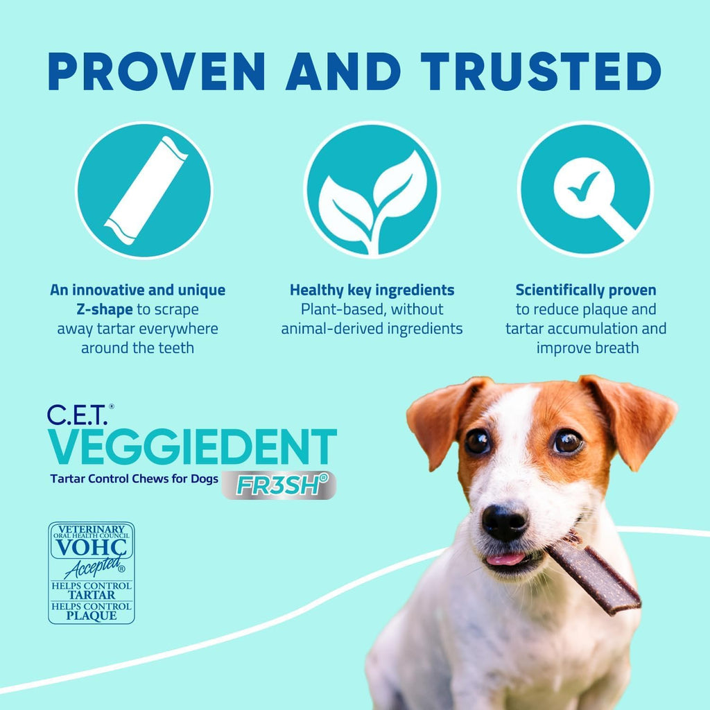 Virbac C.E.T.å¨ VEGGIEDENTå¨ FR3SHå¨ Tartar Control Chews for Dogs with digestive health support, VOHC Approved, Medium 22-66lbs