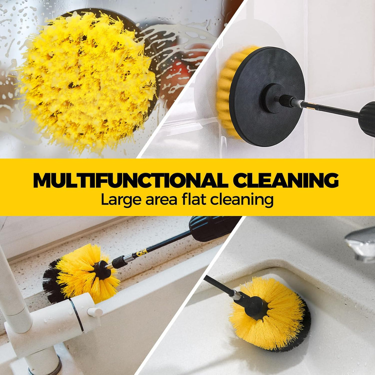 Holikme 6Pack Drill Brush Power Scrubber Cleaning Brush Extended Long Attachment Set All Purpose Drill Scrub Brushes Kit for Grout, Floor, Tub, Bathroom and Kitchen Surface,Scratch Brushes•?öYellow•?ä