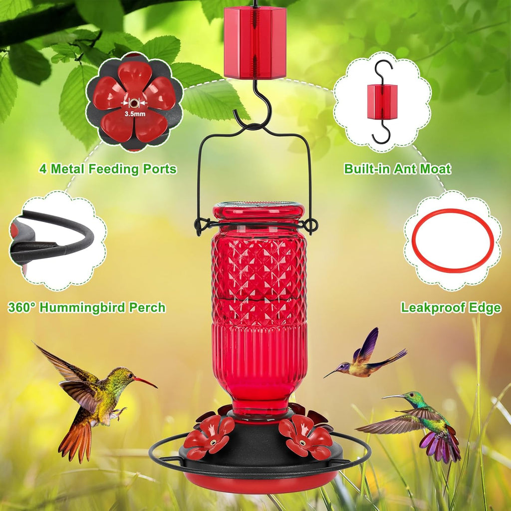 FEED GARDEN Glass Hummingbird Feeder, 16oz Outdoor Hanging Bird Feeder with Ant Moat, 4 Bee-Proof Feeding Ports, 360å¡ Perch, Leak-Proof, Red