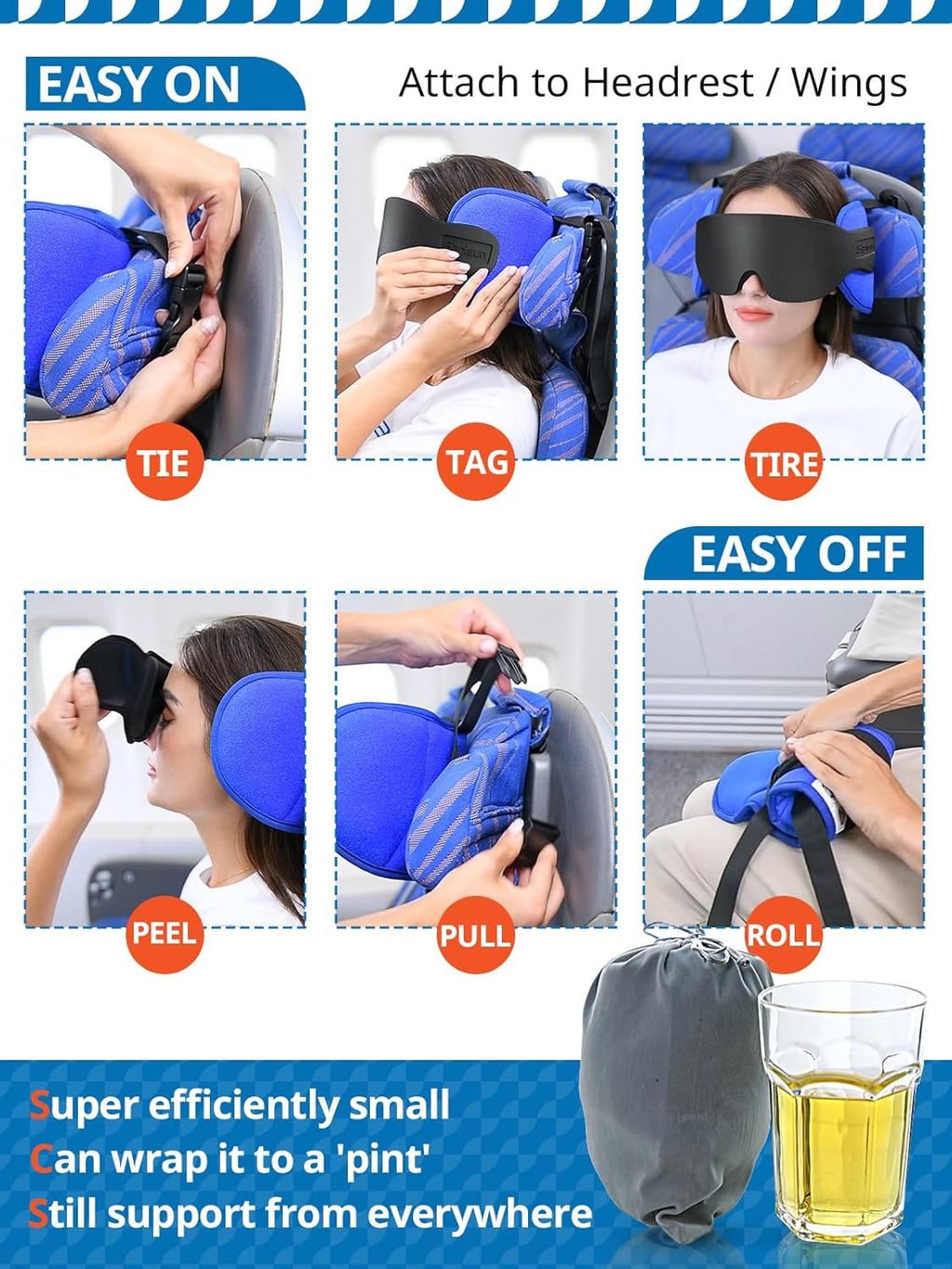 SARISUN Travel Pillows for Airplanes, Airplane Pillow for Long Flight, Airplane Head Strap with Eye Mask for Sleep, Travel Neck Pillow for Car Road Trip, 360å¡ Support Headrest, Stop Bobblehead, Black