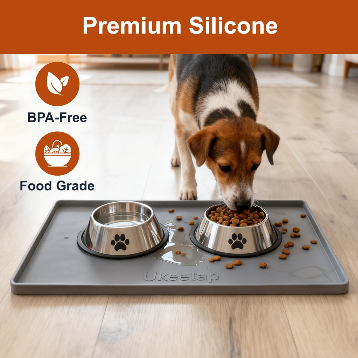 ukeetap Extra Thick Silicone Mat Waterproof with Raised Edge 19‰۝ x 12‰۝, BPA Free Non-Slip Dog & Cat Food Mat, Feeding Mat for Food and Water Bowls, Spill Proof Mat to Protect Floors, Gray