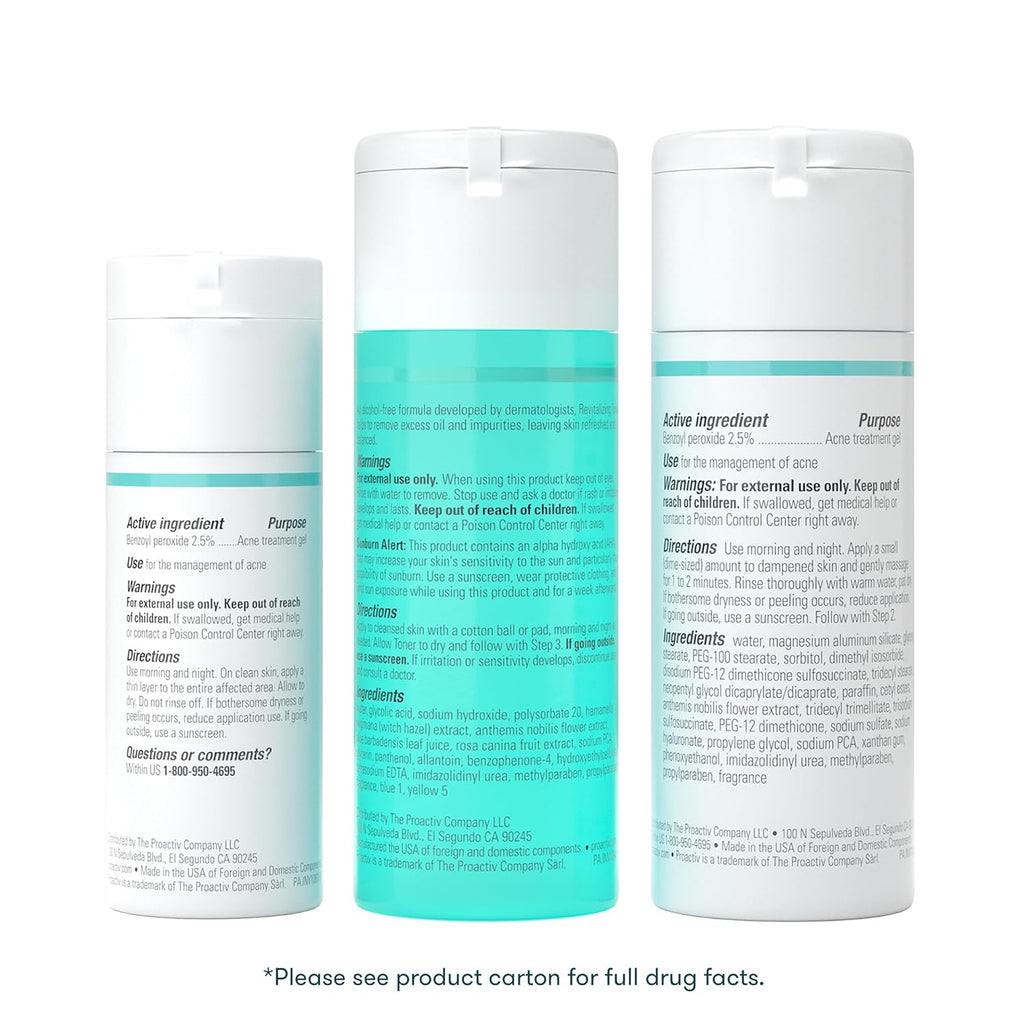 Proactiv 3 Step Acne Treatment - Benzoyl Peroxide Face Wash, Repairing Acne Spot Treatment for Face and Body, Exfoliating Toner - 30 Day Complete Acne Skin Care Kit