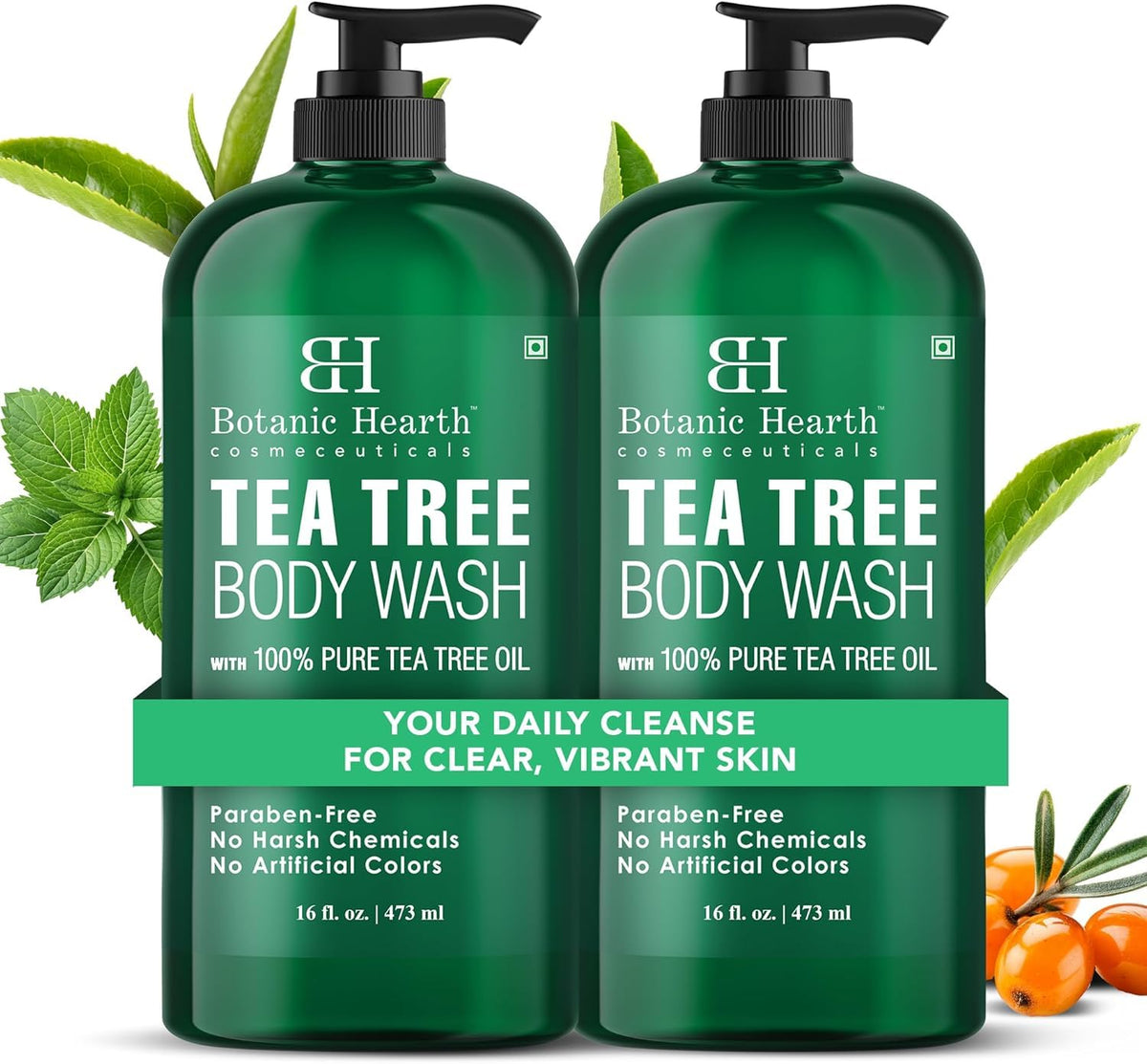 Botanic Hearth Tea Tree Body Wash 16 fl oz (2 Pack) Natural Antifungal & Odor Control Shower Gel for Acne, Athlete‰۪s Foot, Ringworm, Jock Itch, Healthy Skin, Sulfate & Paraben Free, for Men & Women