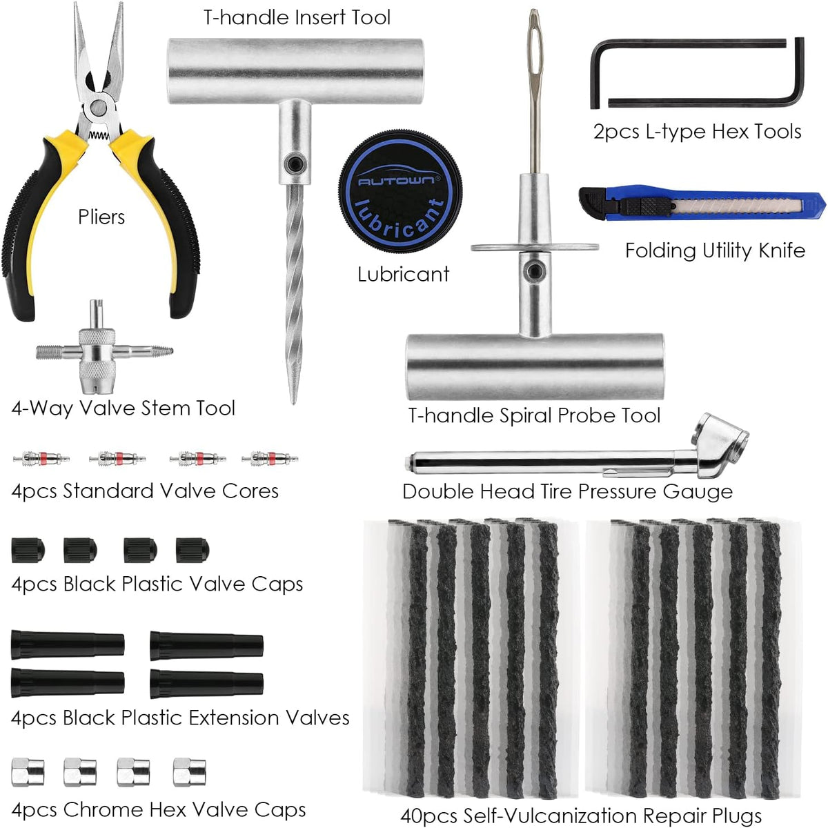 AUTOWN Tire Repair Kit - 68pcs Heavy Duty Tire Plug Kit, Universal Tire Repair Tools to Fix Punctures and Plug Flats Patch Kit for car Motorcycle, Truck, ARB•?ÎATV, Tractor, RV, SUV, Trailer