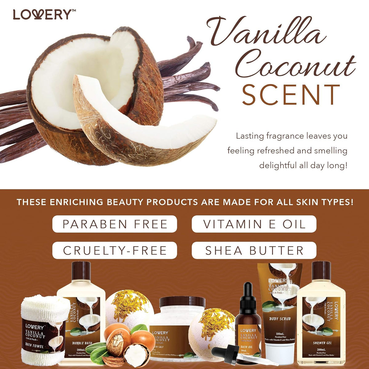 Gifts For Women Gift Basket for Women‰ÛÒ 9 Piece Set of Vanilla Coconut Home Spa Set, Luxurious Gifts for Her, Bath and Body Sets Includes Fragrant Lotions, Large Bath Bombs, Coconut Oil