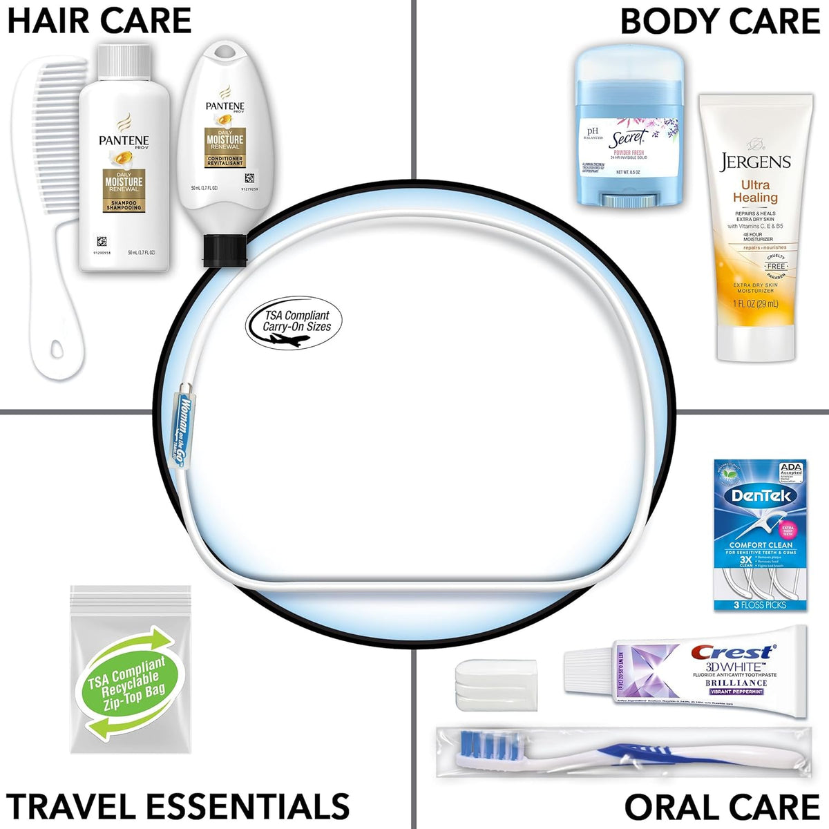 Convenience Kits International Women's Deluxe 10 Piece Kit with Travel Size TSA Compliant Essentials Featuring: Pantene Hair Products in Reusable Toiletry Zippered Bag