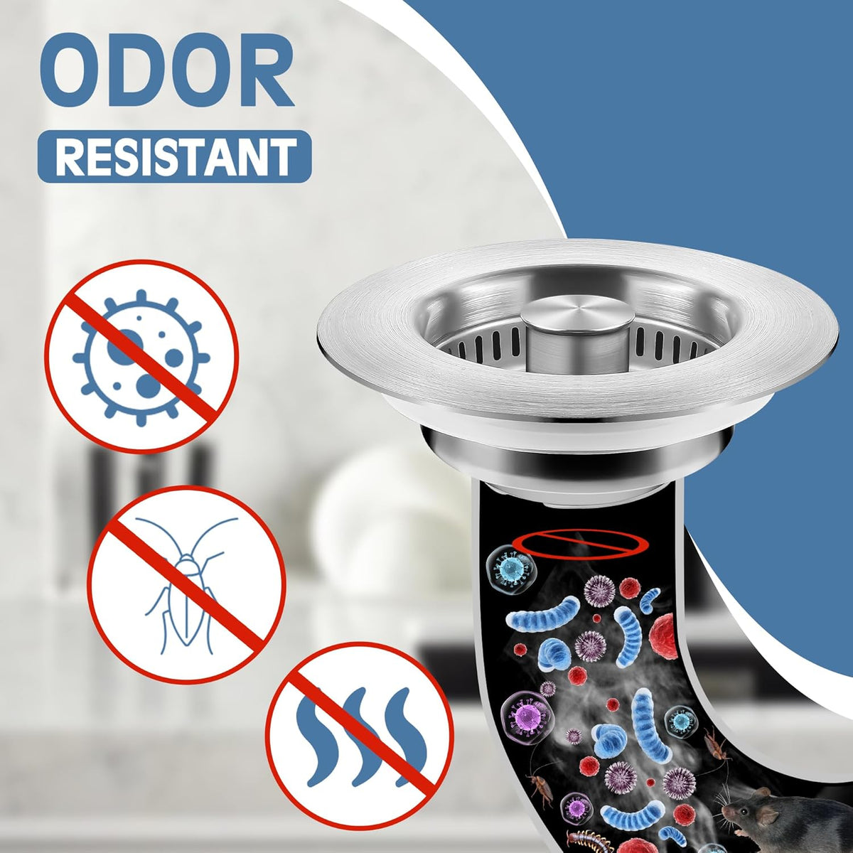 Kitchen Sink Drain Strainer 3 in 1, 304 Stainless Steel Pop Up Sink Stopper, Anti-Clogging Sink Drain Strainer for US Standard Kitchen Drain (SUS304 Brushed)