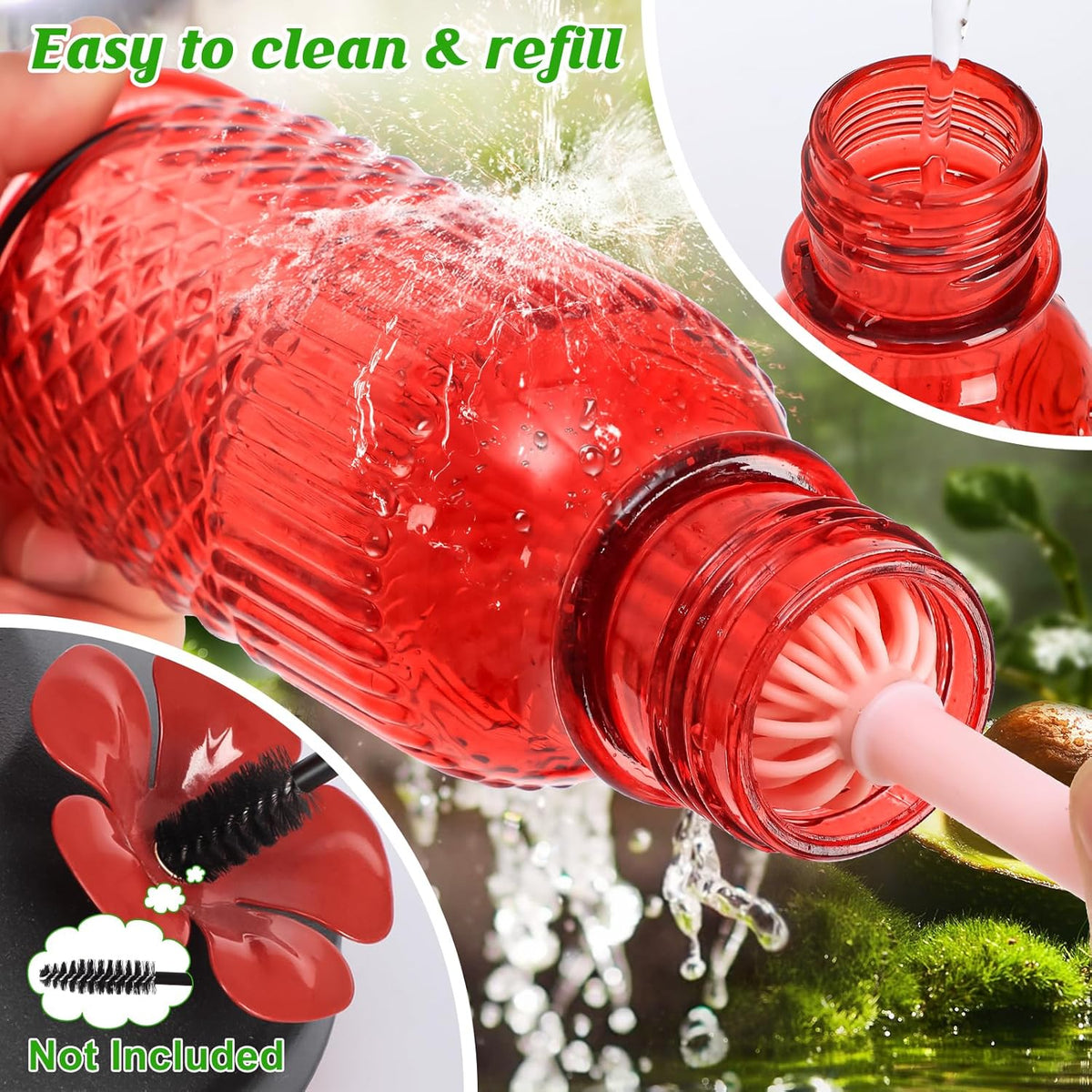 FEED GARDEN Glass Hummingbird Feeder, 16oz Outdoor Hanging Bird Feeder with Ant Moat, 4 Bee-Proof Feeding Ports, 360å¡ Perch, Leak-Proof, Red