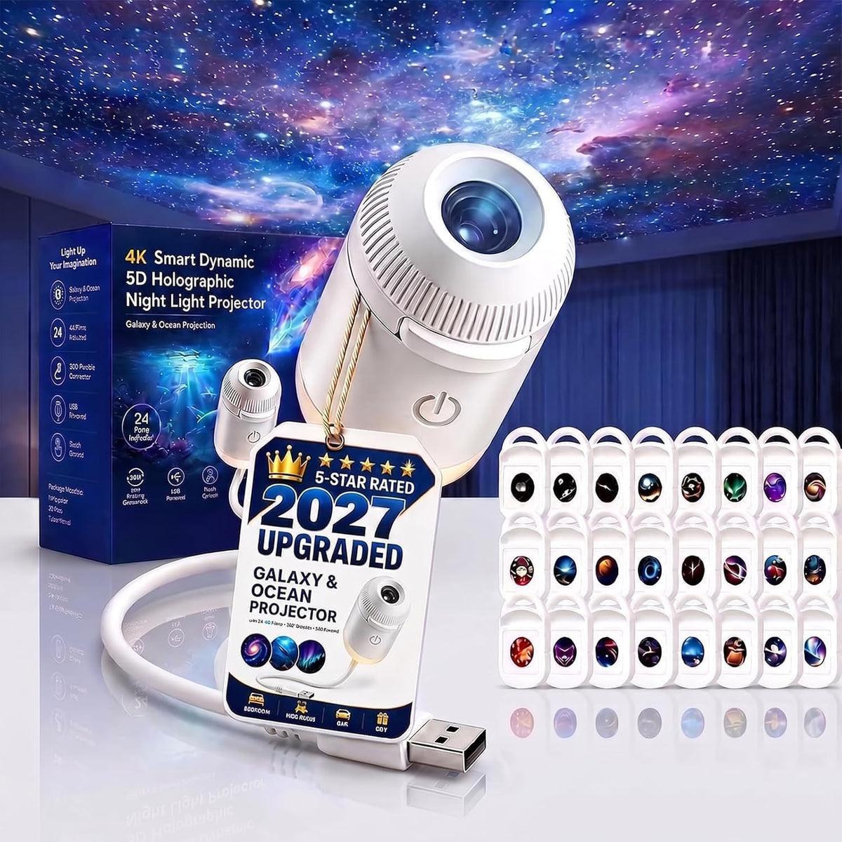 Galaxy Projector, Ocean Projector, 5D Holographic Night Light Projector, Plug and Play Hd Star Projector, 360° Adjustable Hd Galaxy and Ocean Projector for Bedroom Ceiling，Ocean & Galaxy 24pc