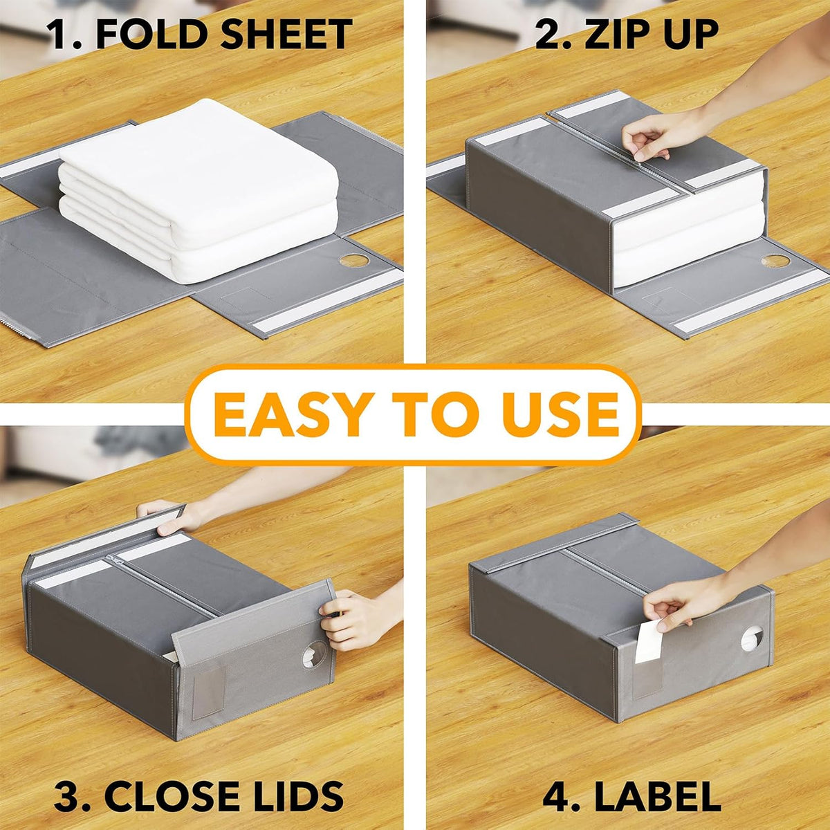 SpaceAid 4 Pack Bed Sheet Organizers and Storage, Foldable Organizer for Linen Closet, Sheets Set Folder Keeper with Window XL (Queen & King Size) Organizing Bedding Container, Gray 91ZDSN-SL01-G4