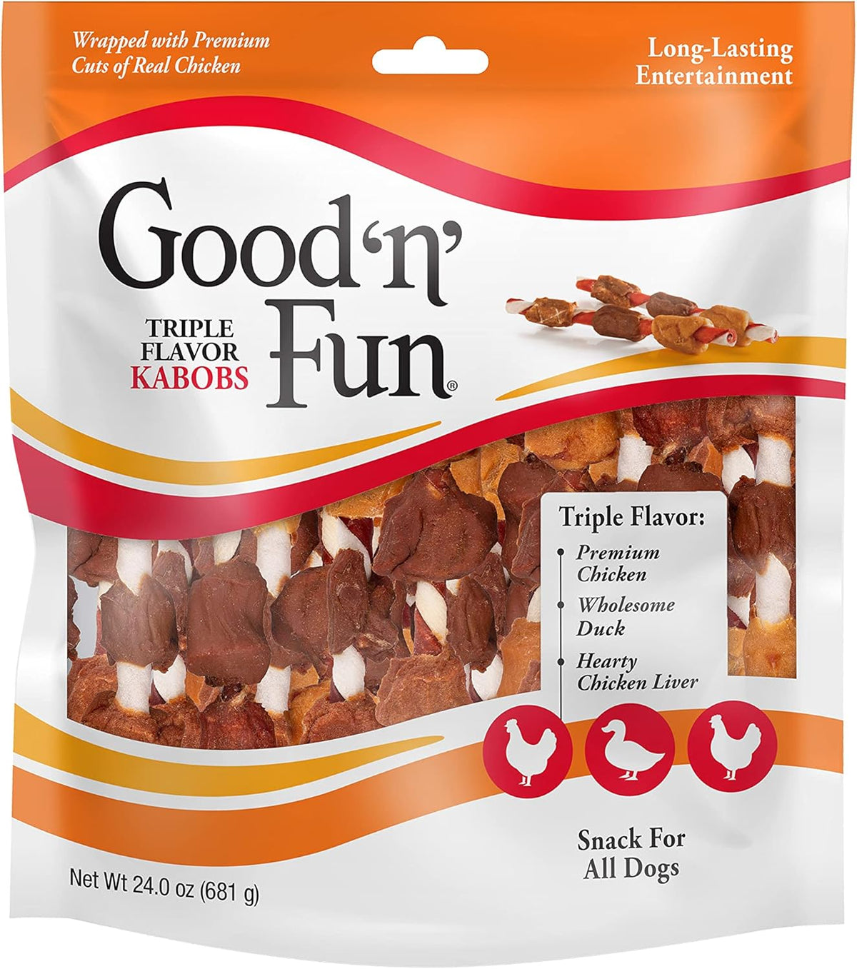 Good ‰Û÷n‰۪ Fun Triple Flavor Kabobs Chews for All Dogs, 24 Ounces, Treat Your Dog to Long-Lasting Chews Made from Beef Hide, Real Chicken, Pork Hide, Duck and Chicken Liver