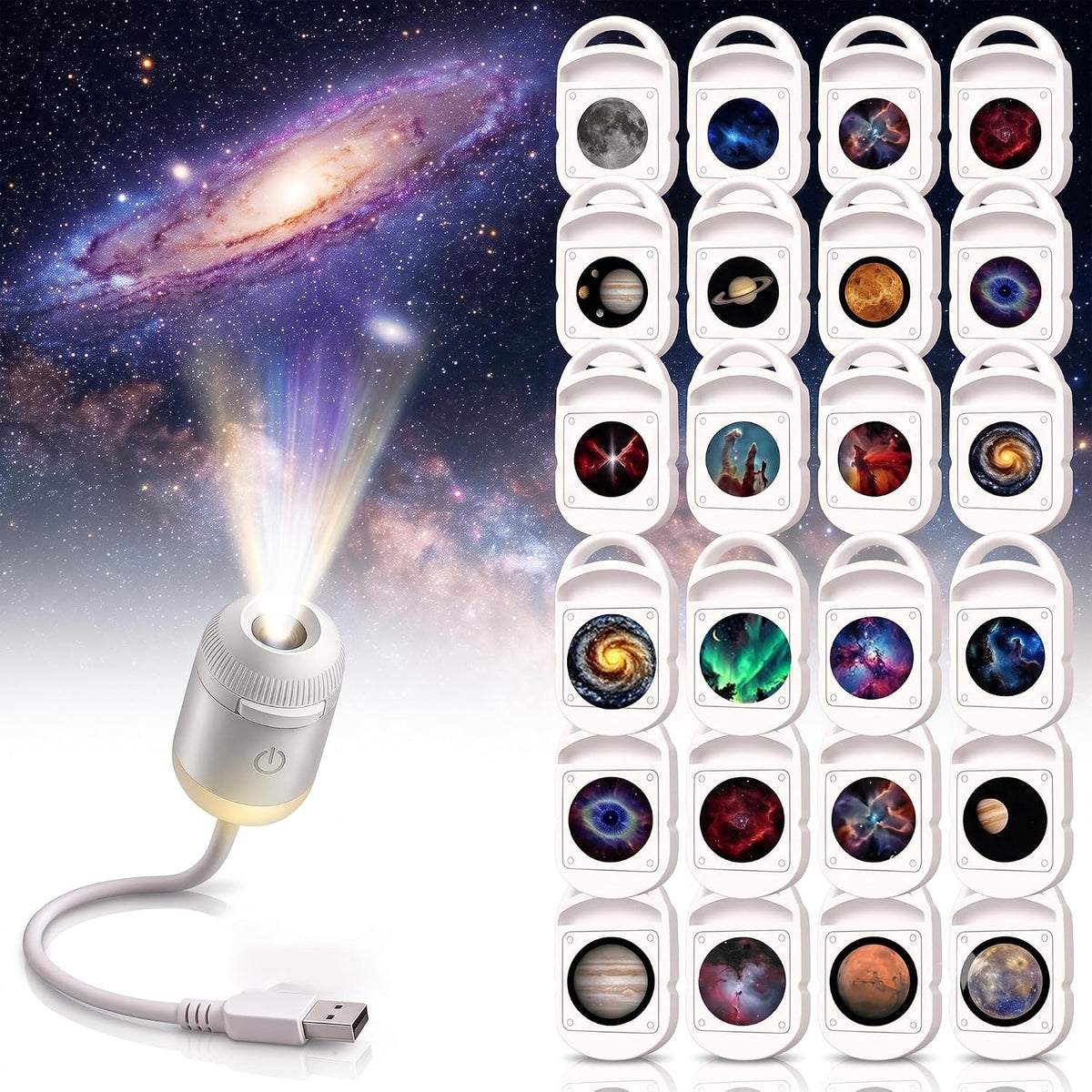 2-in-1 Galaxy Projector Night Light,USB Star Projector with Adjustable Brightness, Mini LED Projection Lamp for Bedroom Ceiling Wall Room Decor (24 Projection Films)
