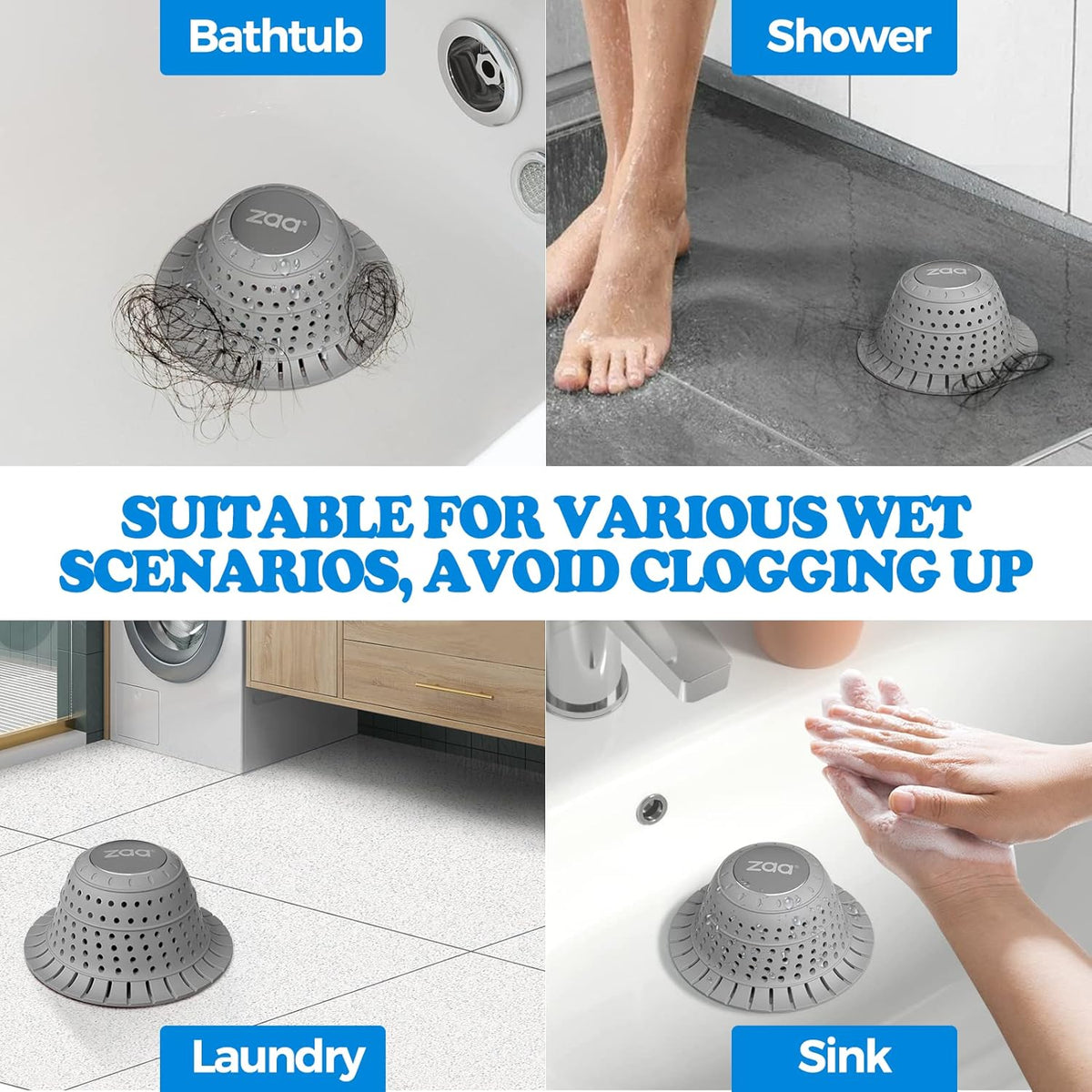 zaa Bathtub Drain Hair Catcher, Premium Silicone Shower Hair Catcher, 1Pack Collapsible Hair Stopper for Pop Up and Regular Drains of Shower, Bathtub, Bathroom Sink, Bathroom Fixture Accessories, Gray