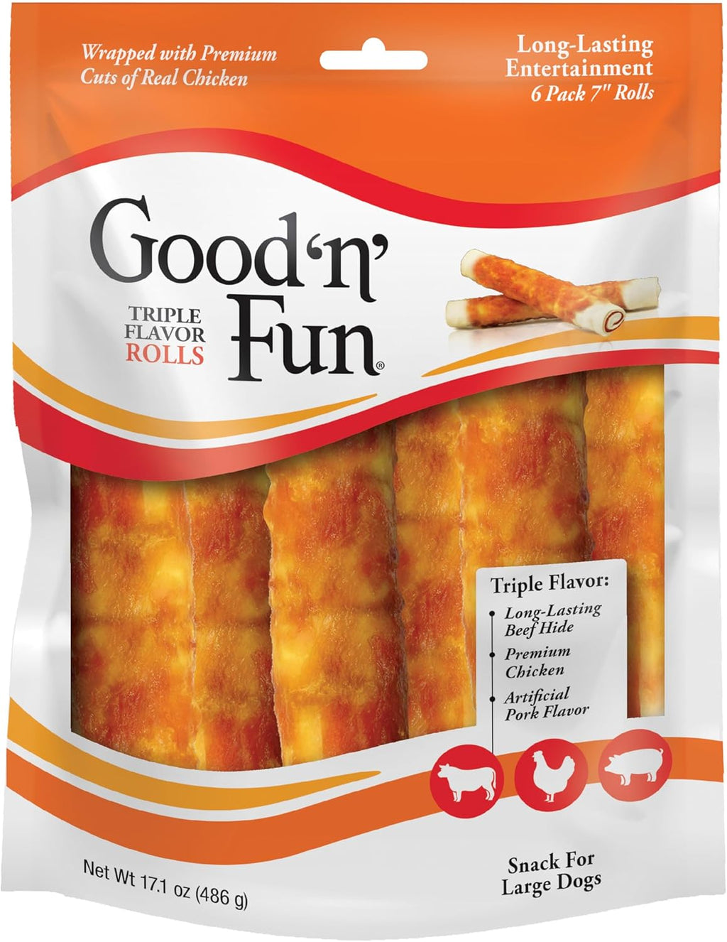 Good ‰Û÷n‰۪ Fun Triple Flavor Rolls for Large Dogs, Treat Your Dog to Long-Lasting Chews Made with Real Beef Hide and Chicken, 6 Count