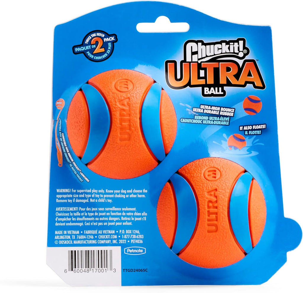 Chuckit! Ultra Ball Dog Toy - Medium Bouncy Fetch Balls For Dogs 20-60 lbs - Made from Durable Rubber - Floating Water Pet Toys - Size Medium - 2.5-inch Diameter - Pack of 2