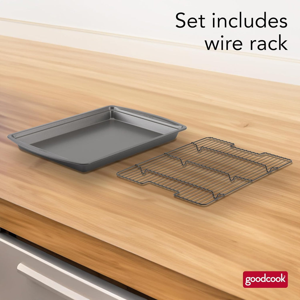 GoodCook 15‰۝ x 10.5‰۝ Nonstick Carbon Steel Baking Pan & Raised Wire Rack ‰ÛÒ Pizza Crisper, Crispy Bacon, Multipurpose Cooking Sheet Pan, Cooling Rack, Kitchen Cookware Set, Dishwasher Safe