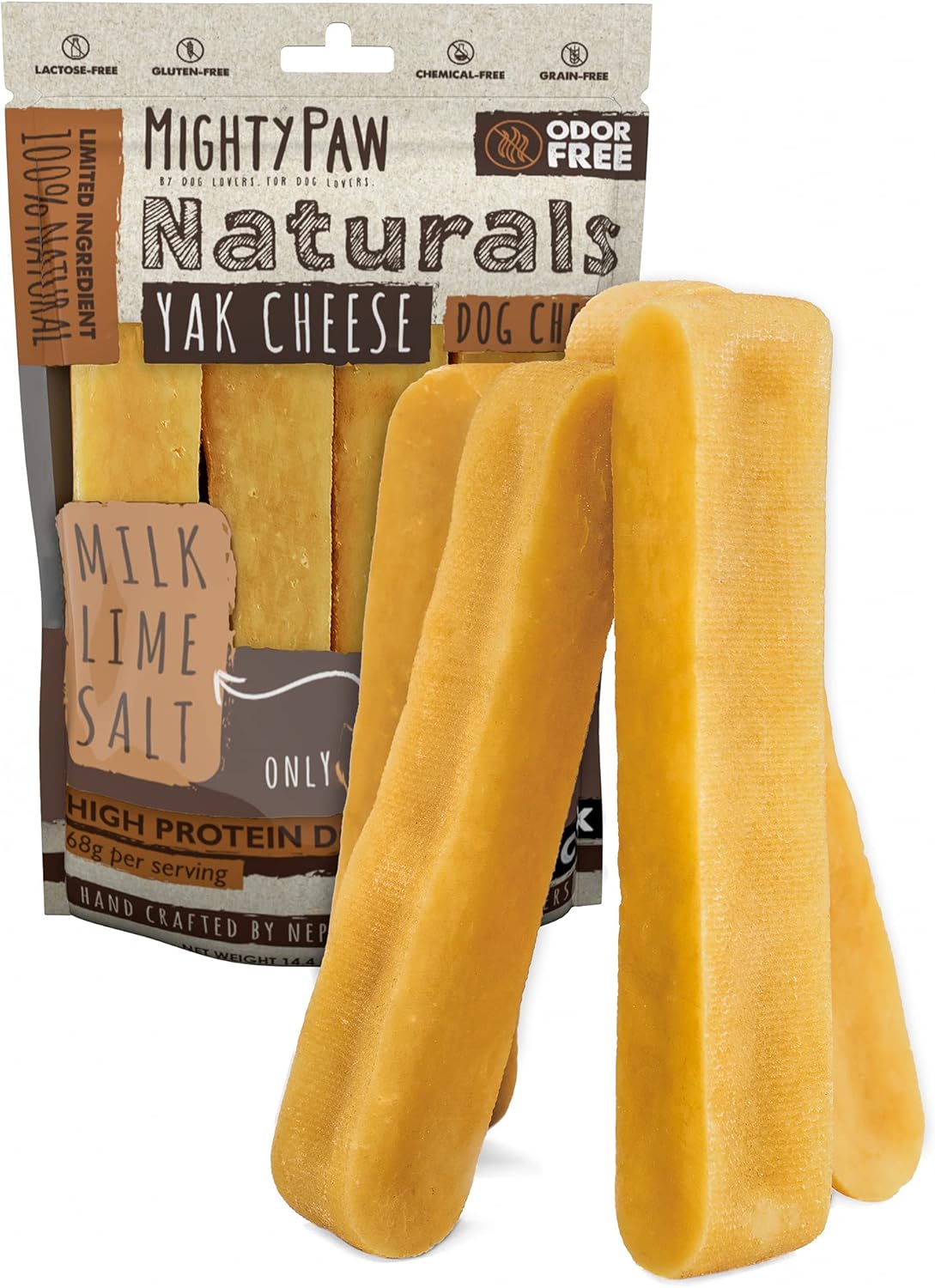 Mighty Paw Yak Cheese Dog Chews ‰ÛÒ All-Natural Long Lasting Hard Chew for Aggressive Chewers ‰ÛÒ High Protein, Odor-Free Dog Treat ‰ÛÒ 3 Ingredient Natural Yak Chews for Large Dogs ‰ÛÒ (4 Pack)
