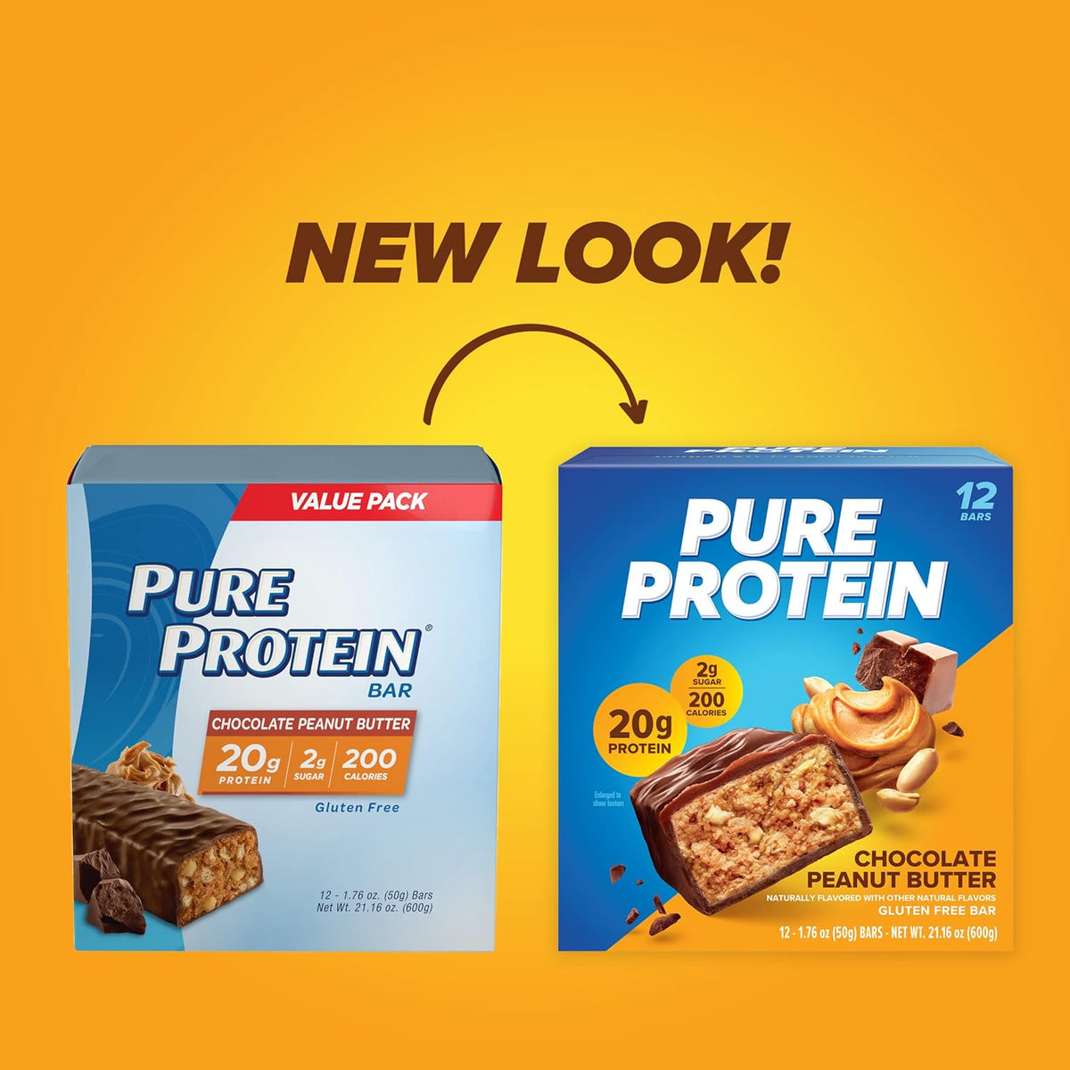 Pure Protein Chocolate Peanut Butter Protein Bars ‰ÛÒ 20g Protein, 3g Sugar, 190 Calories (12 count) Low Sugar* High Protein Snack - Gluten Free - Perfect for a Healthy Snack