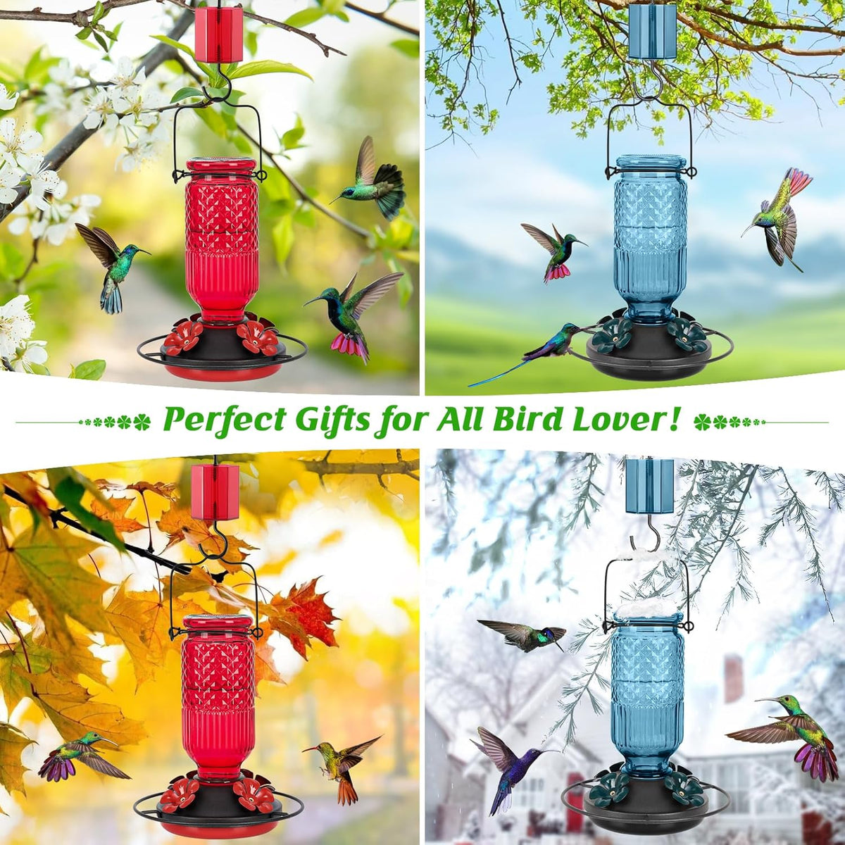 FEED GARDEN Glass Hummingbird Feeder, 16oz Outdoor Hanging Bird Feeder with Ant Moat, 4 Bee-Proof Feeding Ports, 360å¡ Perch, Leak-Proof, Red