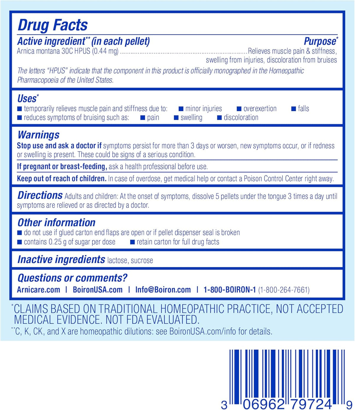 Boiron Arnica Montana 30C Homeopathic Medicine for Relief from Muscle Pain, Muscle Stiffness, Swelling from Injury, and Discoloration from Bruises - 3 Count (240 Pellets)
