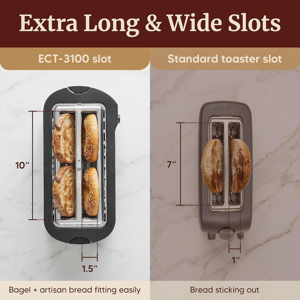 Elite Gourmet ECT-3100 4-Slice Long Slot Toaster | Extra Wide Slots for Bagels, Sourdough & Texas Toast | 6 Browning Settings | Reheat, Defrost & Cancel | Built-In Warming Rack | Stainless Steel