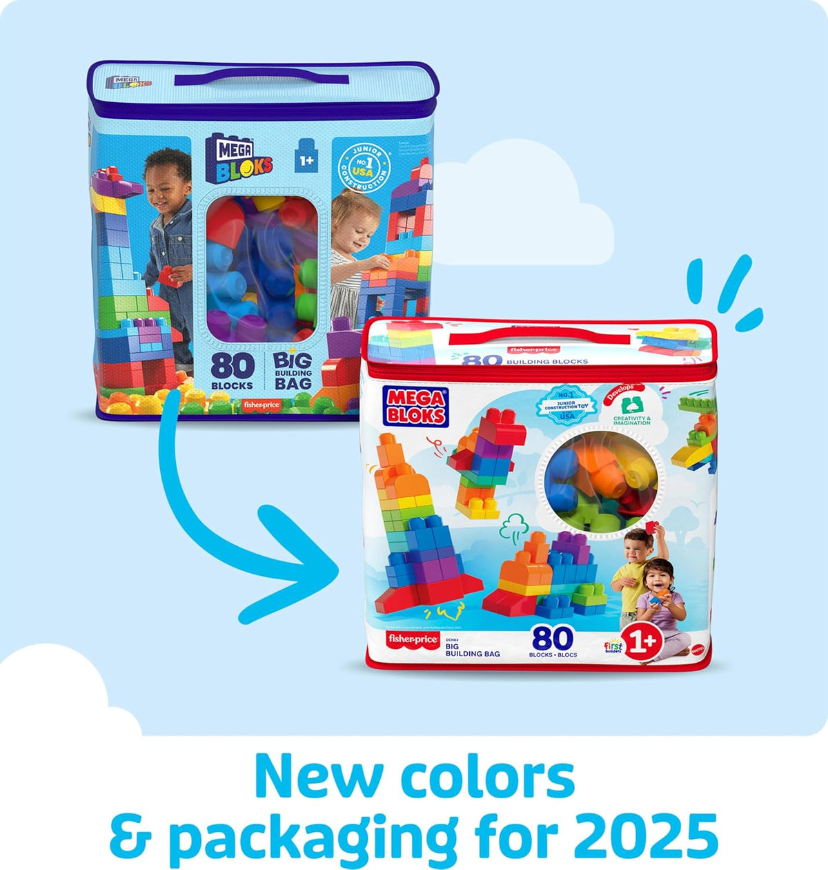 MEGA BLOKS First Builders Toddler Blocks Toys Set, Big Building Bag with 80 Pieces and Storage, Blue, Ages 1+ Years