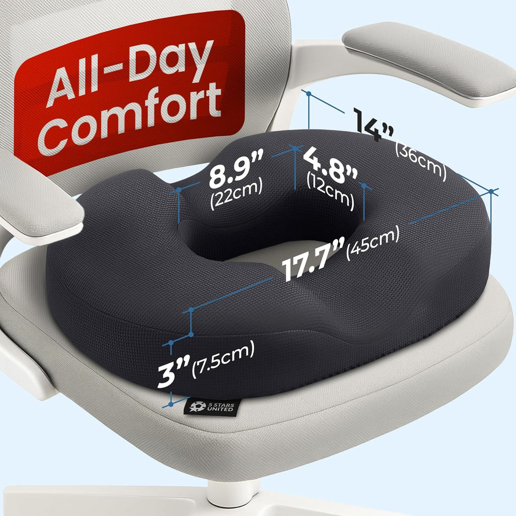 5 STARS UNITED Donut Pillow Hemorrhoid Tailbone Cushion ‰ÛÒ Large Cushion for Pain Relief ‰ÛÒ Coccyx, Prostate, Sciatica, Pelvic Floor, Pressure Sores, Pregnancy, Postpartum Recovery, Black