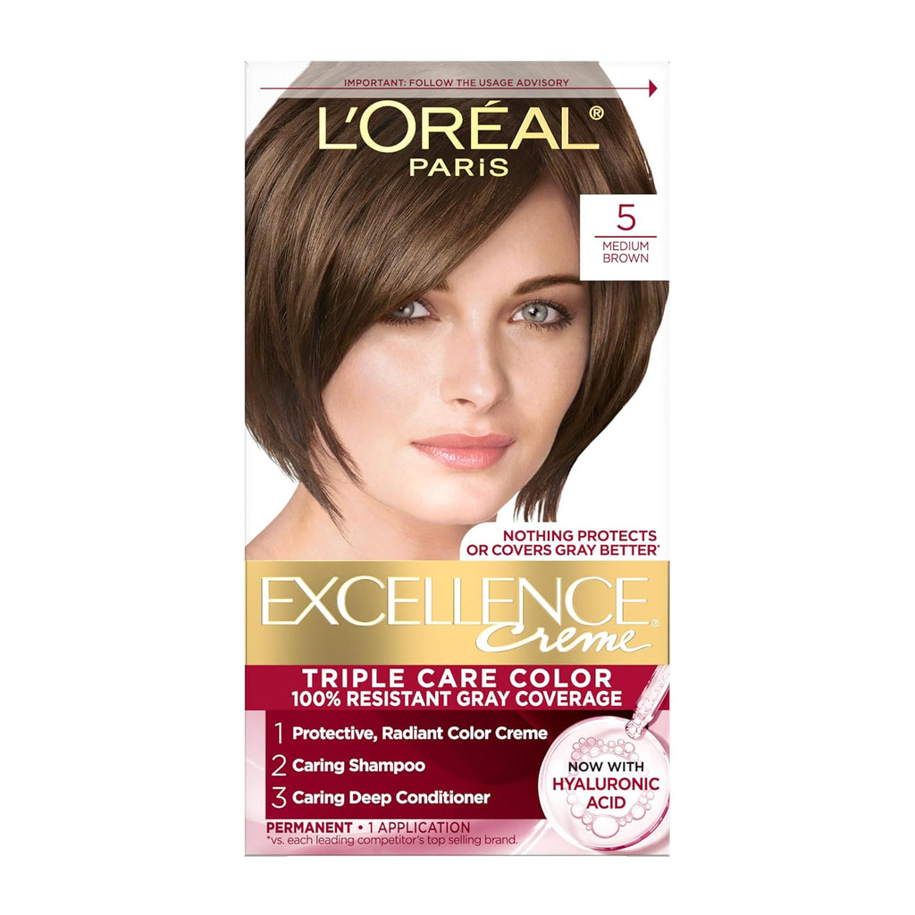 L'Oreal Paris Excellence Cr̬me Permanent Hair Dye, Triple Care Hair Color with Hyaluronic Acid for 100% Gray Coverage, 5 Medium Brown, 1 Kit (Packaging May Vary)