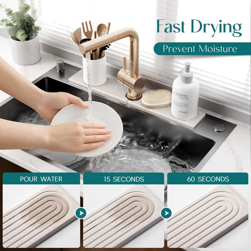 Eormoe Faucet Mat for Kitchen Sink ‰ÛÒ Diatomite Stone Drying Mat & Sink Protectors, Prevent Moisture ‰ÛÒ Sink Splash Guard Water-Absorbing Stone Tray for Kitchen Counter Decor (Light Grey, 23.6" x 3.9")